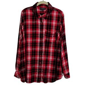 Lane Bryant Womens Button Front Shirt 18/20 Red Black Plaid Metallic Rayon
